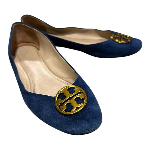 Tory Burch Shoes - Tory Burch Navy Blue Suede Flats with Gold Logo
